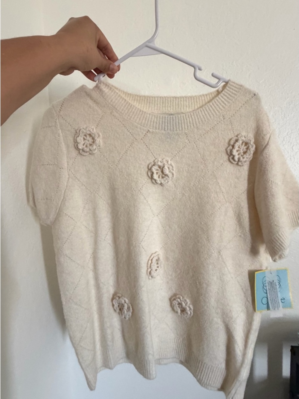Cream Floral Appliqué Short-Sleeve Knit Sweater